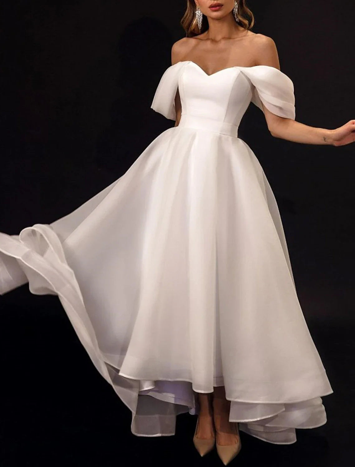 Reception Little White Dresses Wedding Dresses A-Line Off Shoulder Cap Sleeve Asymmetrical Organza Bridal Gowns With Solid Color Wedding Dress Long