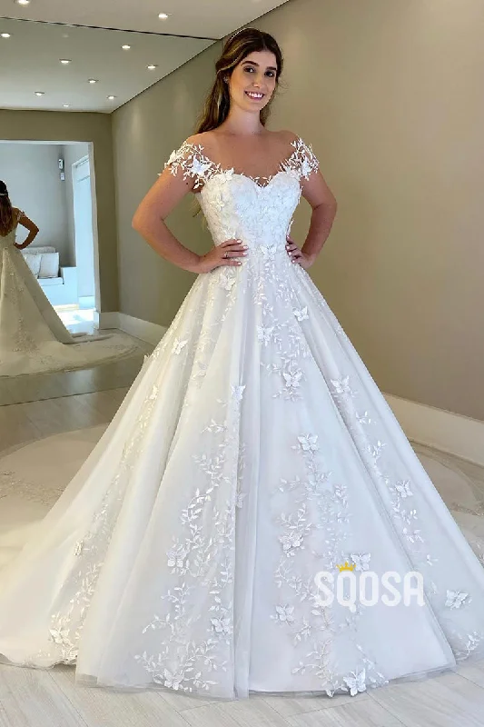 Illusion Neckline Cap Sleeves Lace Appliques Wedding Gown Bridal Dress QW0842 Mermaid Lace Gown