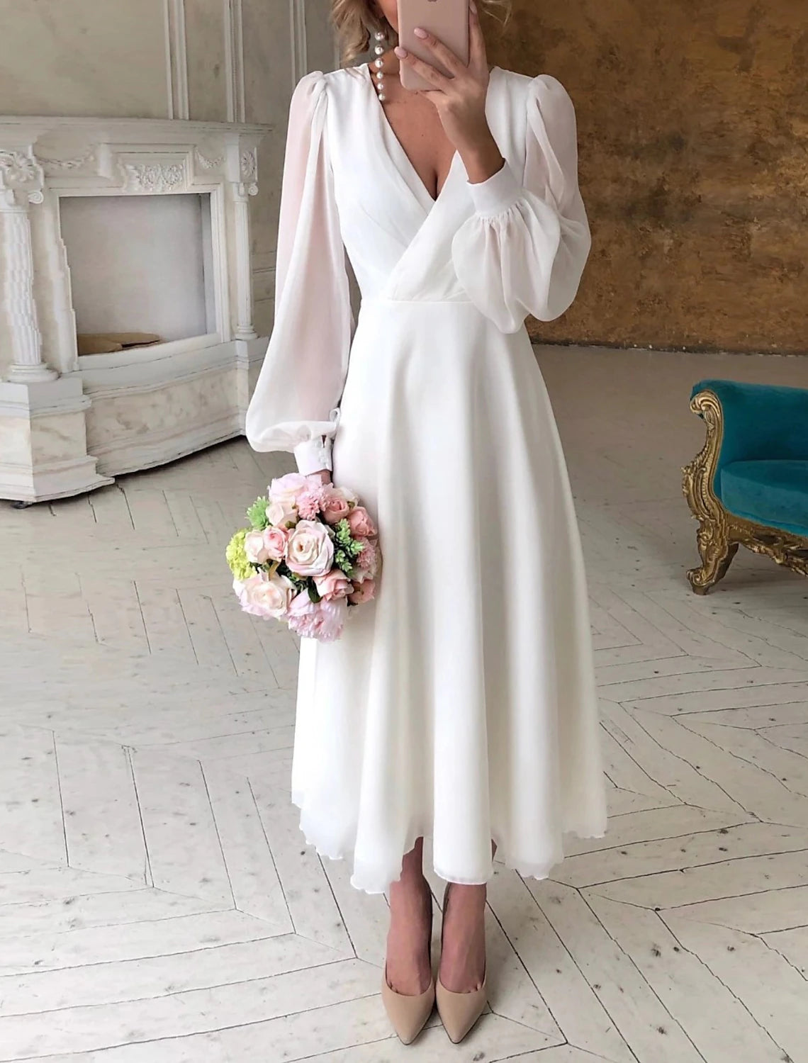 Simple Wedding Dresses Little White Dresses A-Line V Neck For Wedding Reception Lantern Sleeve Ankle Length Chiffon Bridal Shower Gowns With Solid Color Vintage Lace Dress