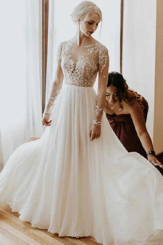 Vintage A-Line Long Sleeve Open Back Chiffon Wedding Dress with Lace Appliques Short Wedding Gown