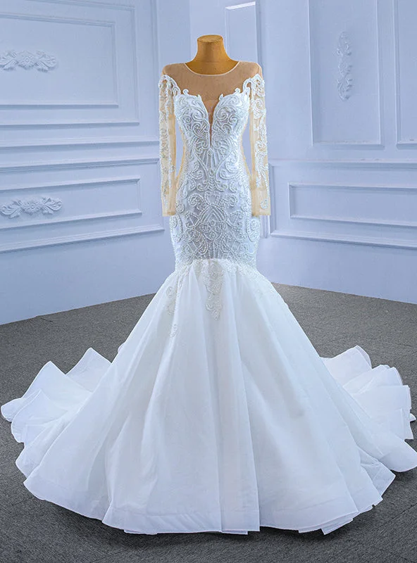 White Mermaid Tulle Long Sleeve Beading Wedding Dress Lace Boho Dress