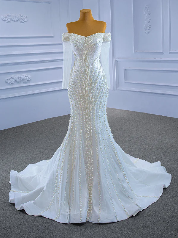 White Mermaid Tulle Long Sleeve Pearls Beading Wedding Dress Sexy Satin Gown