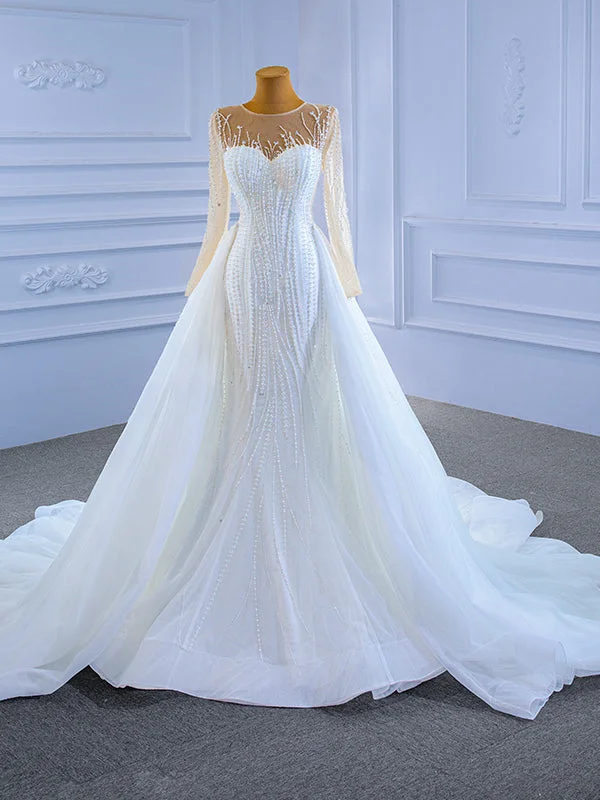 White Mermaid Tulle Long Sleeve Pearls Wedding Dress With Detachable Train Romantic Satin Dress