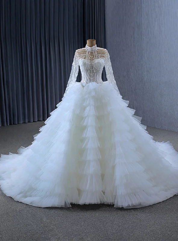 White Tulle Tiers High Neck Long Sleeve Beading Pearls Wedding Dress Romantic Wedding Dress