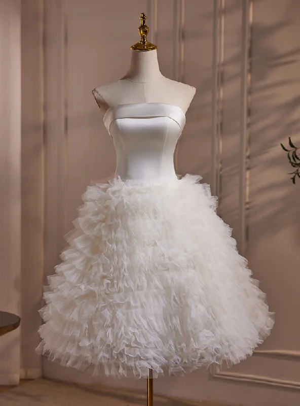 White Tulle Tiers Tea Length Wedding Dress Classic Bridal Gown