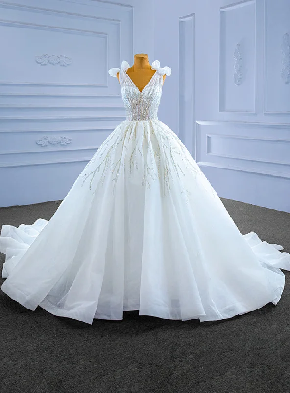 White Tulle V-neck Beading Sequins Wedding Dress Lace Wedding Dress