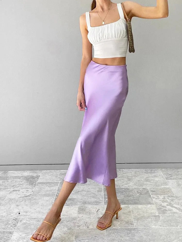 Elegant Solid Purple Silk High Waist Skirt Preppy unclassified skirts