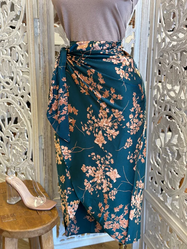 Knotted Wrapped Floral Satin Skirt- Slightly Stretchy Stretchy unclassified skirts