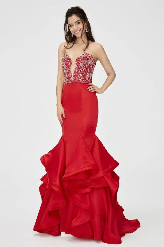 Angela & Alison  - 81139 Beaded Embellished Plunging Illusion Neck Ruffled Mermaid Gown - 1 pc Hot Red in Size 6 Available Elegant party dresses