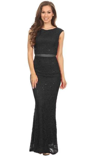 Eureka Fashion - Cap Sleeve Floral Lace Illusion Midriff Gown 2085 - 1 pc Black In Size M Available Women's party dresses