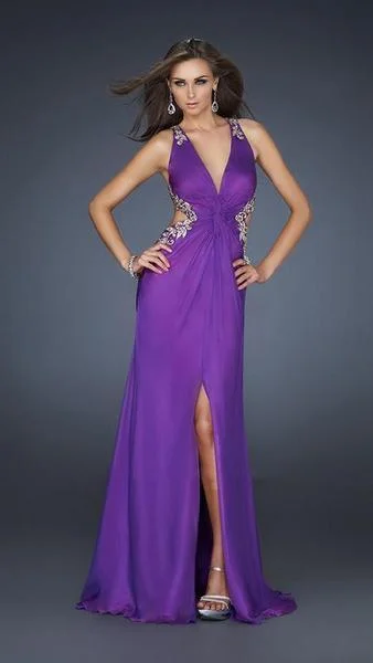 La Femme - Bejeweled V-Neck Chiffon A-line Gown 16288SC Silk party dresses