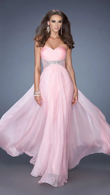 La Femme Ruched Strapless A Line Gown in Cotton Candy Pink 19123 Preppy party dresses