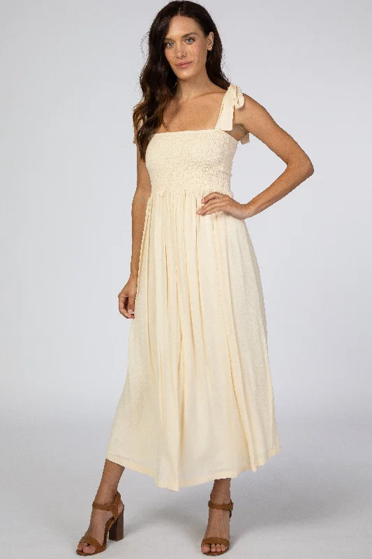 Beige Smocked Tie Strap Midi Dress Must-have midi dresses for this season