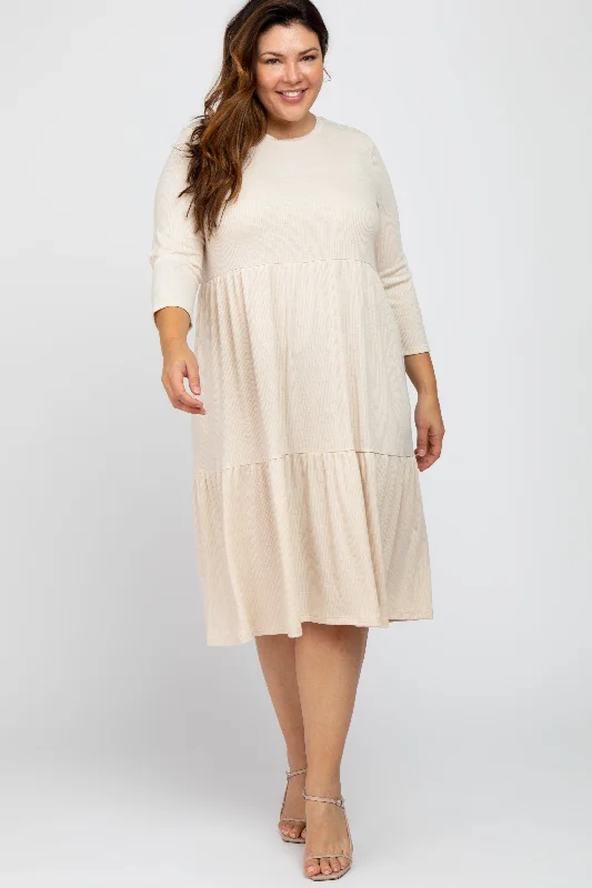 Beige Tiered Ribbed 3/4 Sleeve Plus Midi Dress Boohoo midi dresses