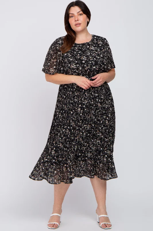 Black Floral Pleated Chiffon Plus Midi Dress Satin midi dresses