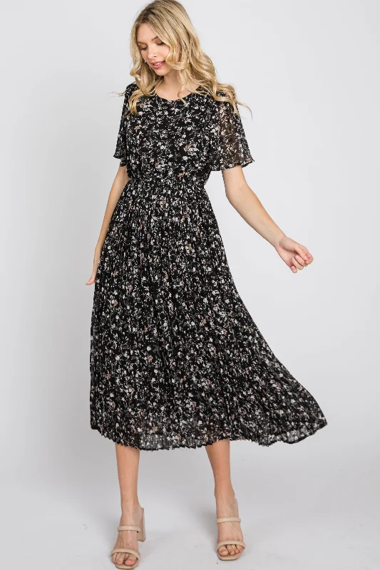 Black Floral Pleated Short Sleeve Chiffon Midi Dress Comfortable midi dresses for everyday wear