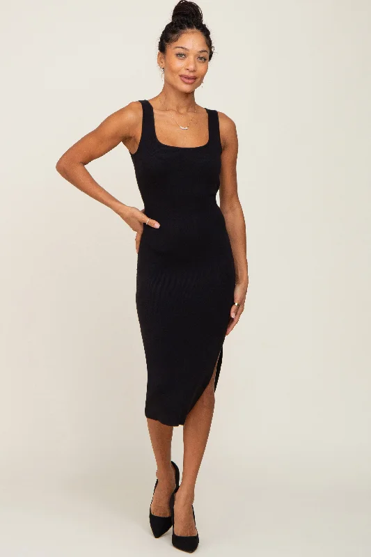 Black Knit Fitted Midi Dress Budget-friendly midi dresses