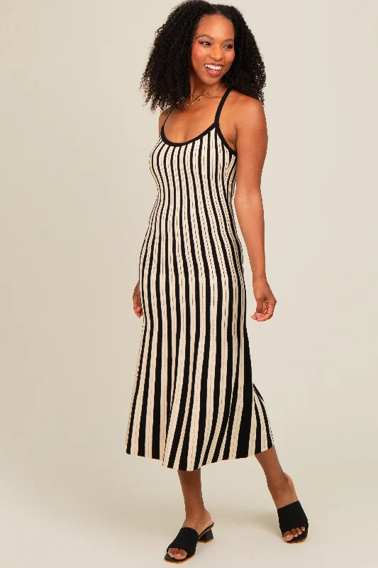 Black Striped Knit Fitted Midi Dress Expensive midi dresses