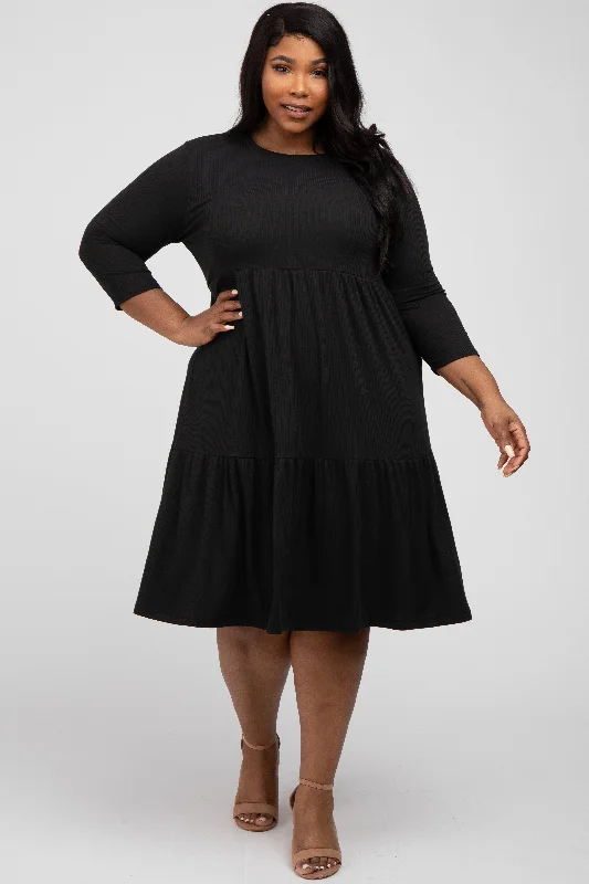 Black Tiered Ribbed 3/4 Sleeve Plus Midi Dress Office midi dresses