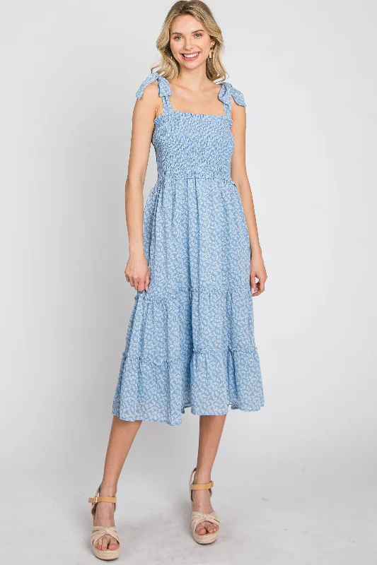 Blue Floral Sleeveless Smocked Tiered Midi Dress Summer midi dresses