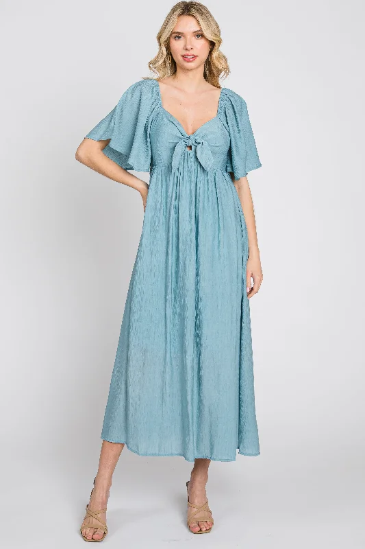 Blue Front Tie Ruffle Sleeve Midi Dress Fall midi dresses