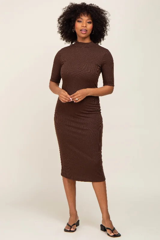 Brown Ribbed Mock Neck Midi Dress Minimalist midi dresses