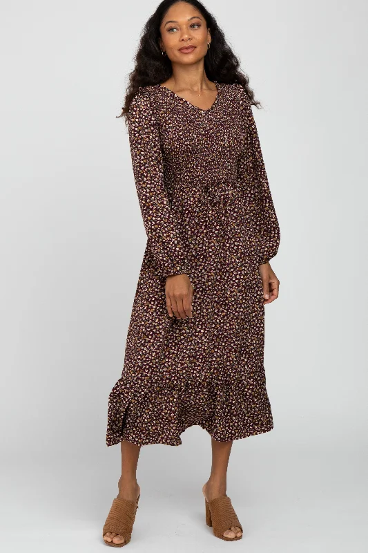 Burgundy Floral Long Sleeve Smocked Midi Dress Clubbing midi dresses