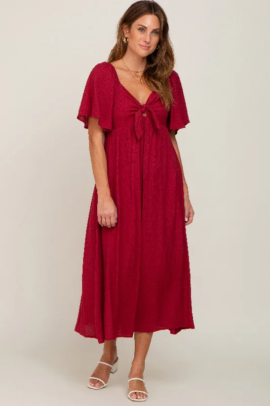 Burgundy Front Tie Ruffle Sleeve Midi Dress Hot new arrivals in midi dresses