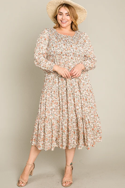 Cream Floral Smocked 3/4 Sleeve Plus Midi Dress Sleeveless midi dresses