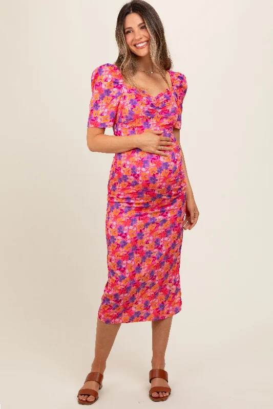 Fuchsia Floral Ruffle Sweetheart Fitted Maternity Midi Dress Lightweight midi dresses for hot weather