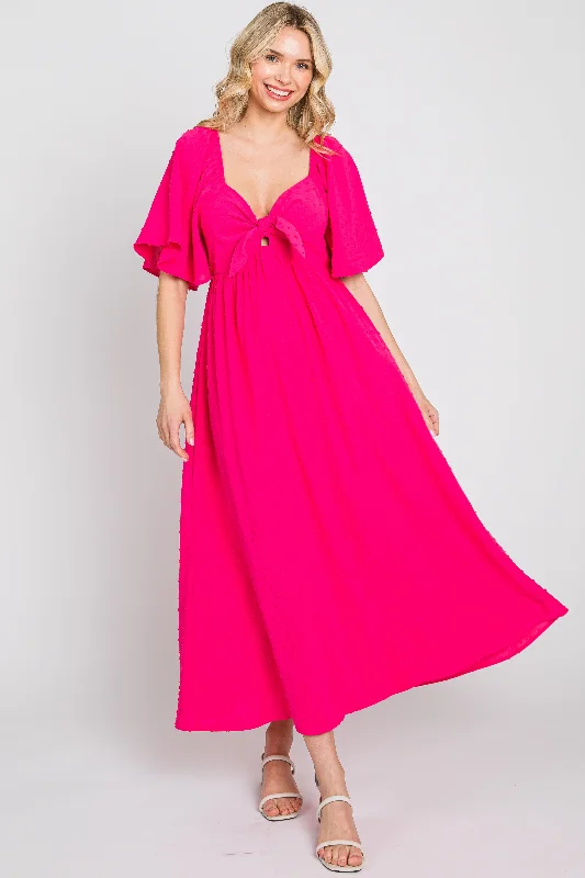 Fuchsia Textured Dot Front Tie Ruffle Sleeve Midi Dress Red carpet midi dresses