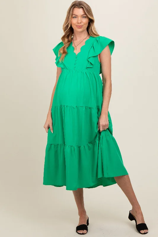 Green Flutter Sleeve Tiered Maternity Midi Dress Holiday midi dresses