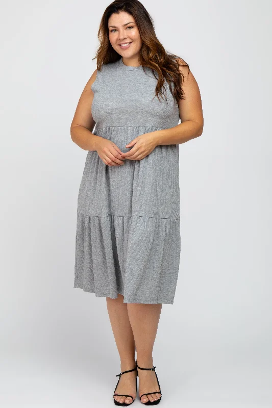 Heather Grey Ribbed Sleeveless Plus Midi Dress Tiered midi dresses