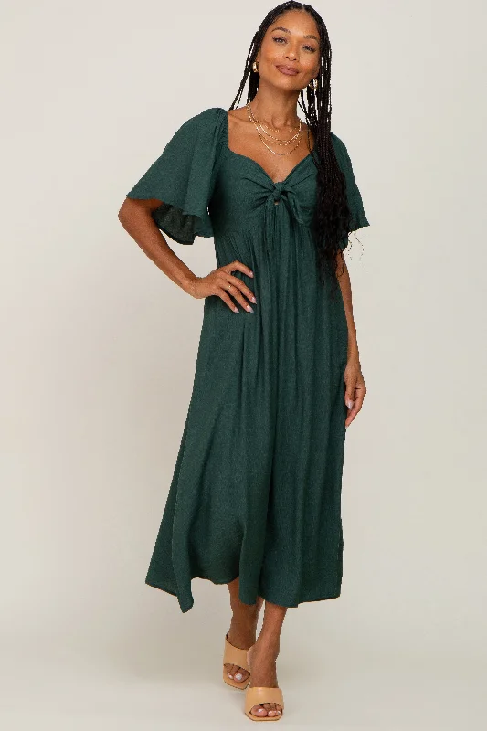 Hunter Green Front Tie Ruffle Sleeve Midi Dress Versatile midi dresses for all occasions