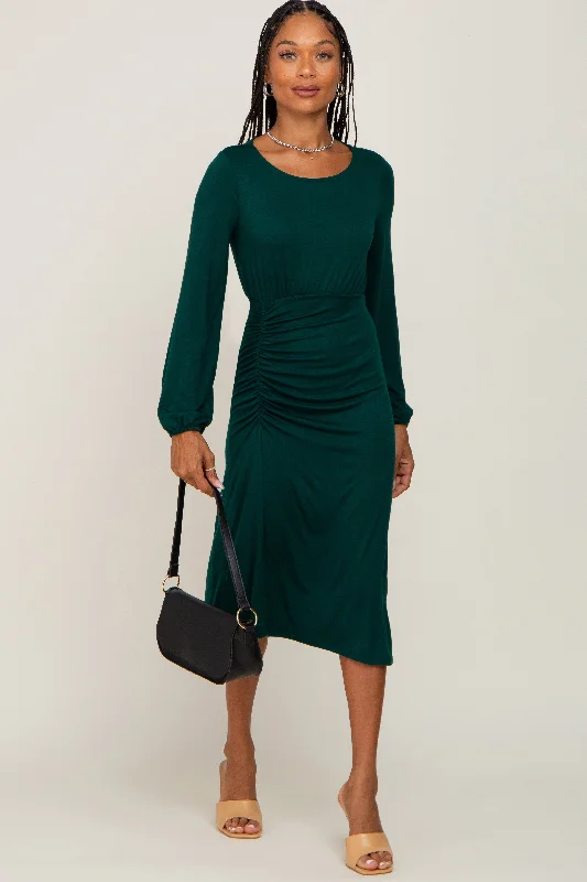 Hunter Green Long Sleeve Ruched Midi Dress Best midi dresses for petites