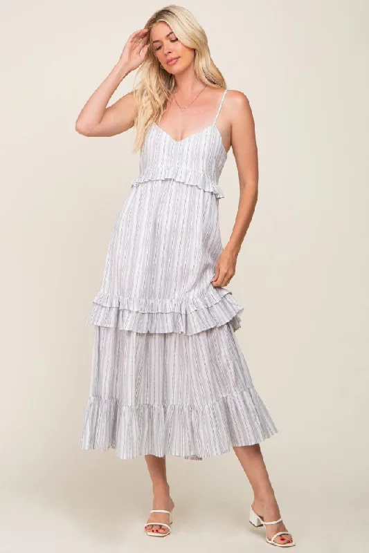 Ivory Striped Ruffle Tiered Midi Dress Graduation midi dresses