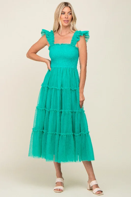 Jade Smocked Mesh Ruffle Accent Midi Dress Preppy midi dresses