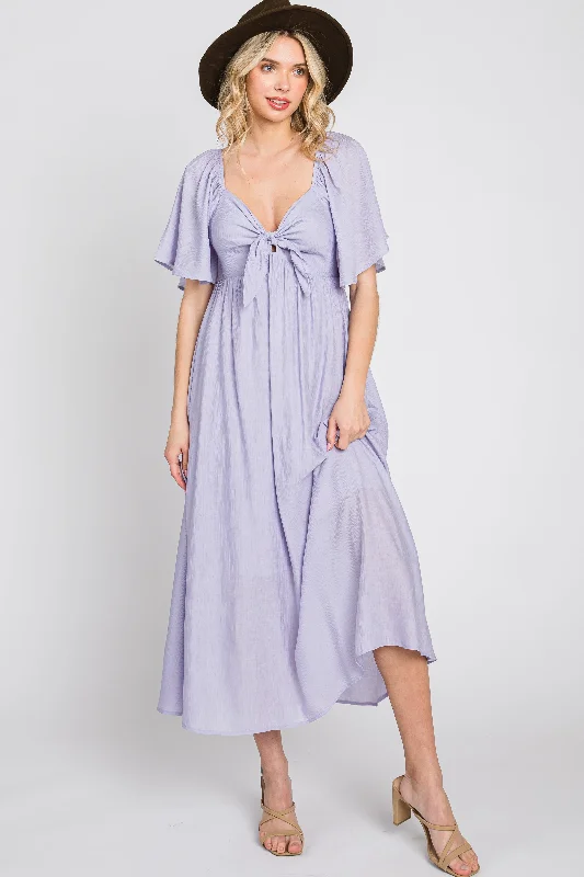 Lavender Front Tie Ruffle Sleeve Midi Dress Ruffled midi dresses