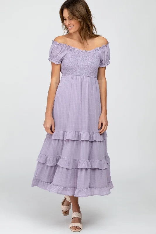 Lavender Smocked Ruffle Midi Dress Formal midi dresses