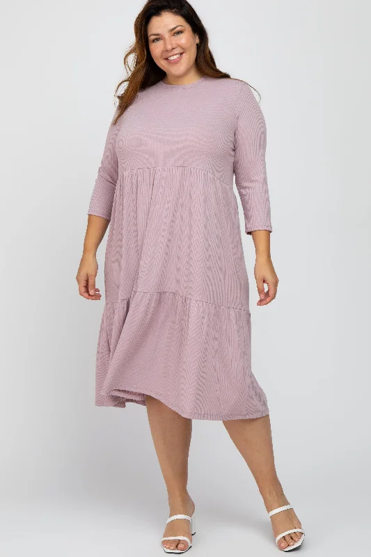 Lavender Tiered Ribbed 3/4 Sleeve Plus Midi Dress Birthday midi dresses