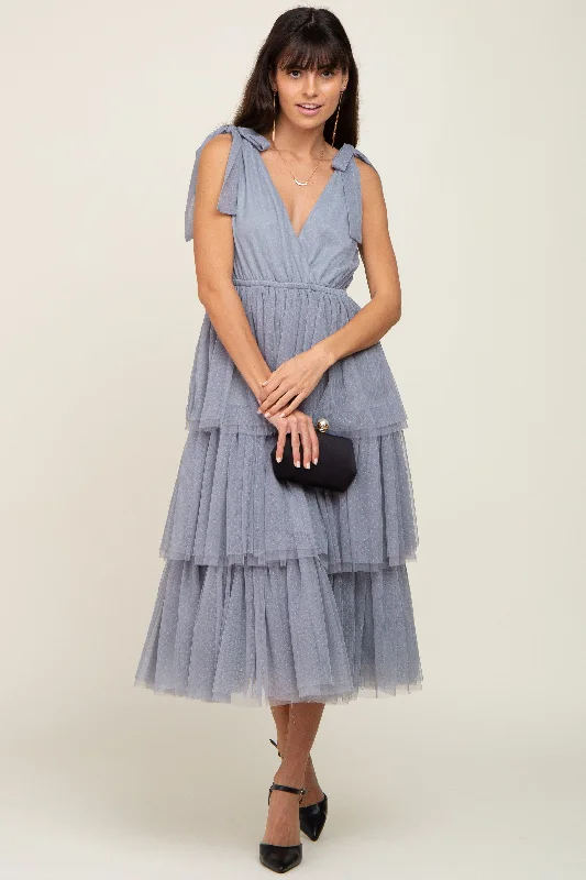 Light Blue Sleeveless Tiered Tie Strap Tulle Midi Dress Trendy midi dresses under $50