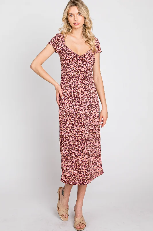 Mauve Floral Sweetheart Midi Dress Chiffon midi dresses