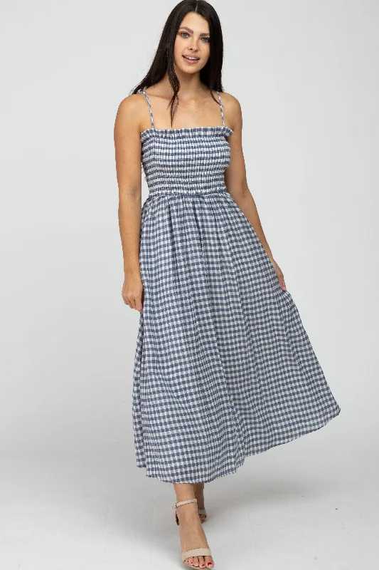 Navy Blue Checkered Square Neck Smocked Midi Dress Revolve midi dresses