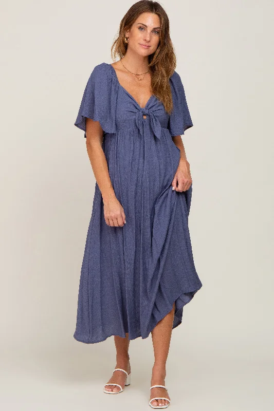 Navy Front Tie Ruffle Sleeve Midi Dress Women's trendy midi dresses sale