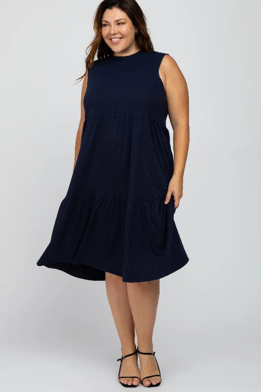 Navy Ribbed Sleeveless Plus Midi Dress Halter midi dresses