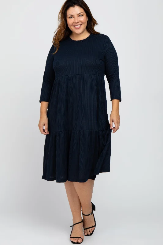 Navy Tiered Ribbed 3/4 Sleeve Plus Midi Dress Spring midi dresses