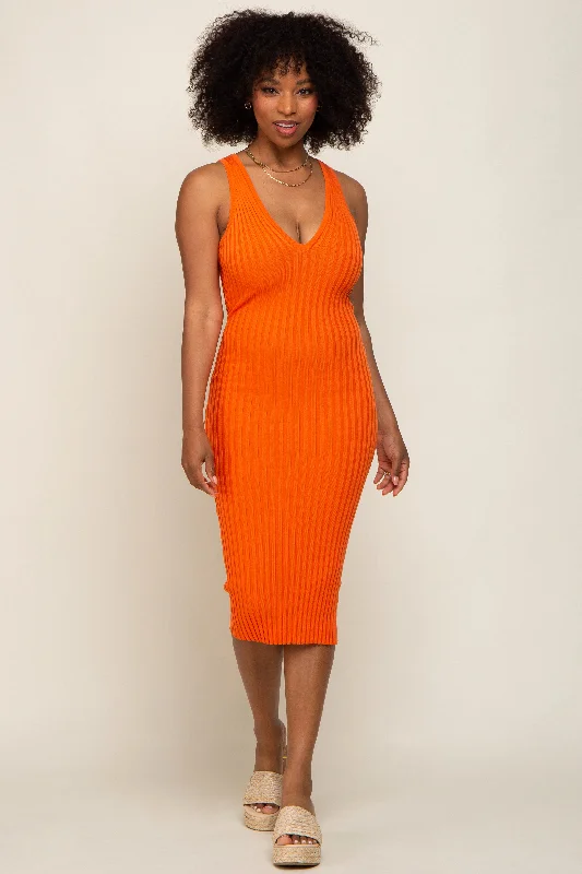 Orange Ribbed Knit Fitted V-Neck Midi Dress Elegant midi dresses