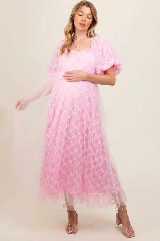 Pink Balloon Sleeve Embroidery Mesh Maternity Midi Dress Cotton midi dresses