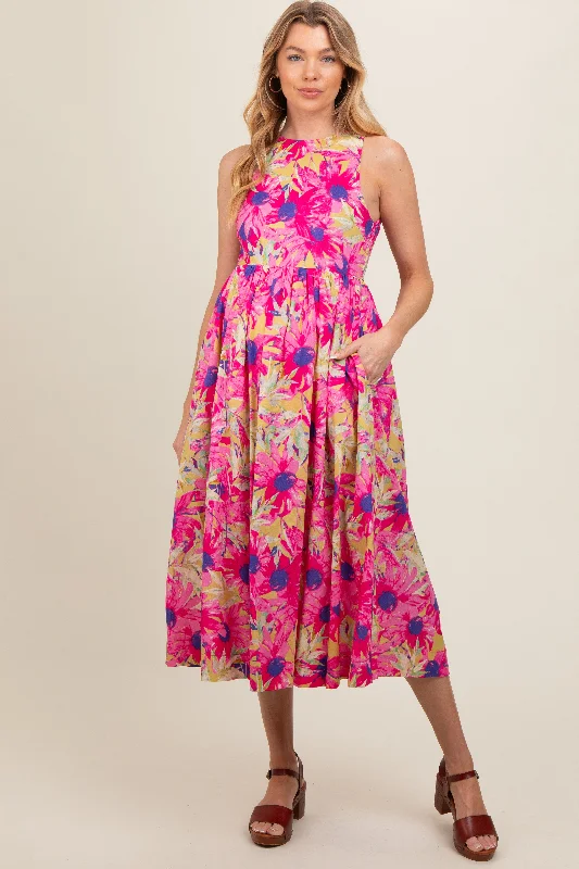 Pink Floral Sleeveless Smocked Back A-Line Maternity Midi Dress Wrap midi dresses