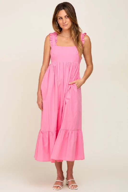 Pink Ruffle Accent Back Tie Midi Dress Boho midi dresses